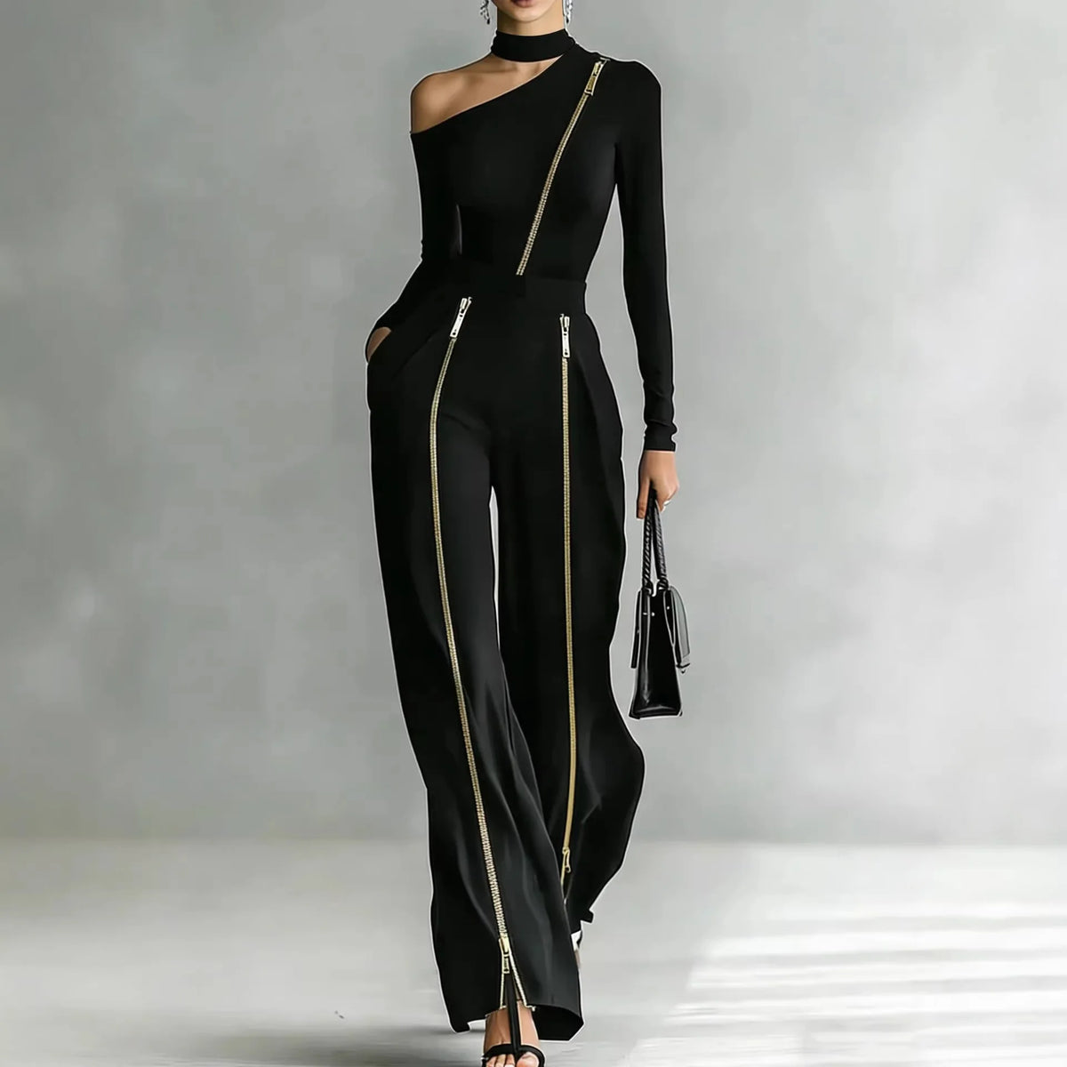 Women's Two-piece Slim-fit Long-sleeved Double-zipper Wide-leg Pant Fashion Stand-up Collar Solid Color Suit