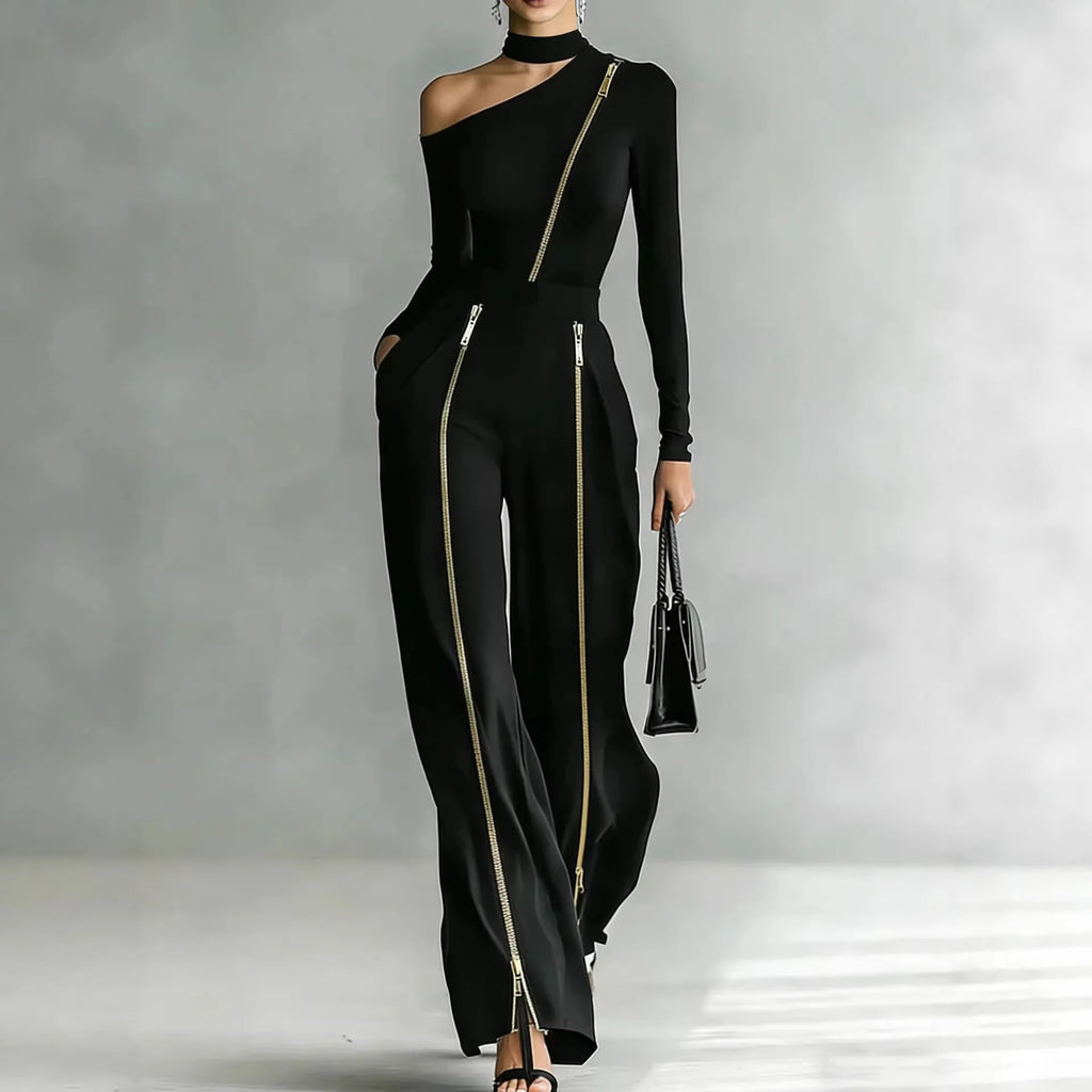 Women's Two-piece Slim-fit Long-sleeved Double-zipper Wide-leg Pant Fashion Stand-up Collar Solid Color Suit
