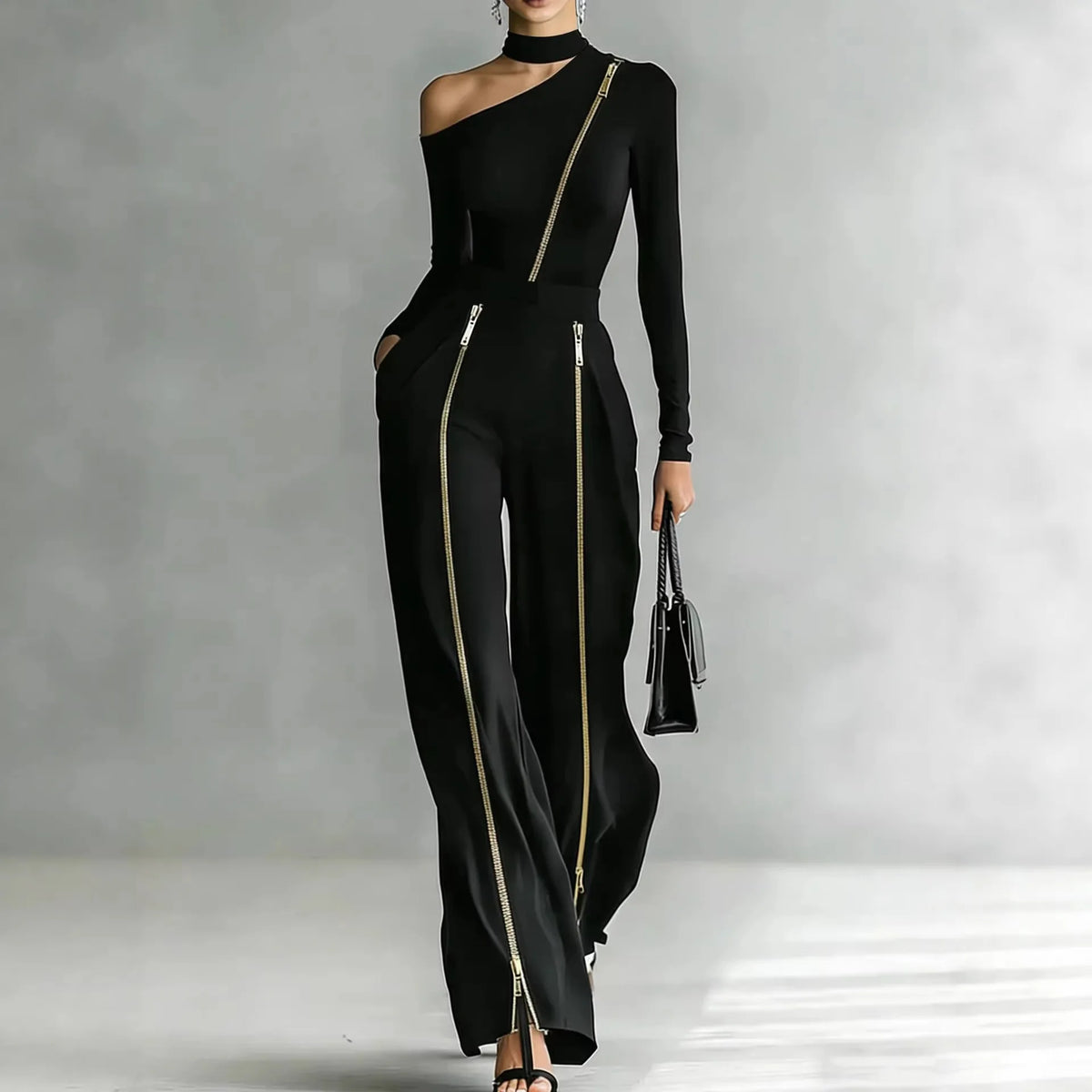 Women's Two-piece Slim-fit Long-sleeved Double-zipper Wide-leg Pant Fashion Stand-up Collar Solid Color Suit