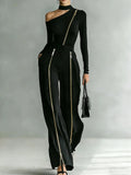 Women's Two-piece Slim-fit Long-sleeved Double-zipper Wide-leg Pant Fashion Stand-up Collar Solid Color Suit