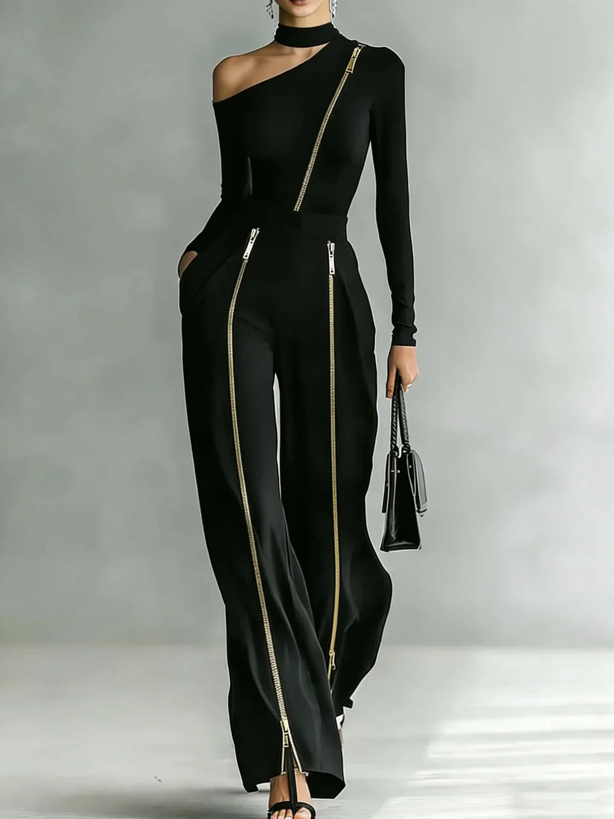 Women's Two-piece Slim-fit Long-sleeved Double-zipper Wide-leg Pant Fashion Stand-up Collar Solid Color Suit