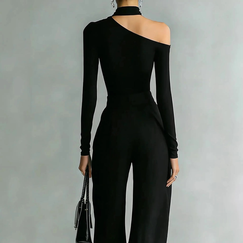 Women's Two-piece Slim-fit Long-sleeved Double-zipper Wide-leg Pant Fashion Stand-up Collar Solid Color Suit