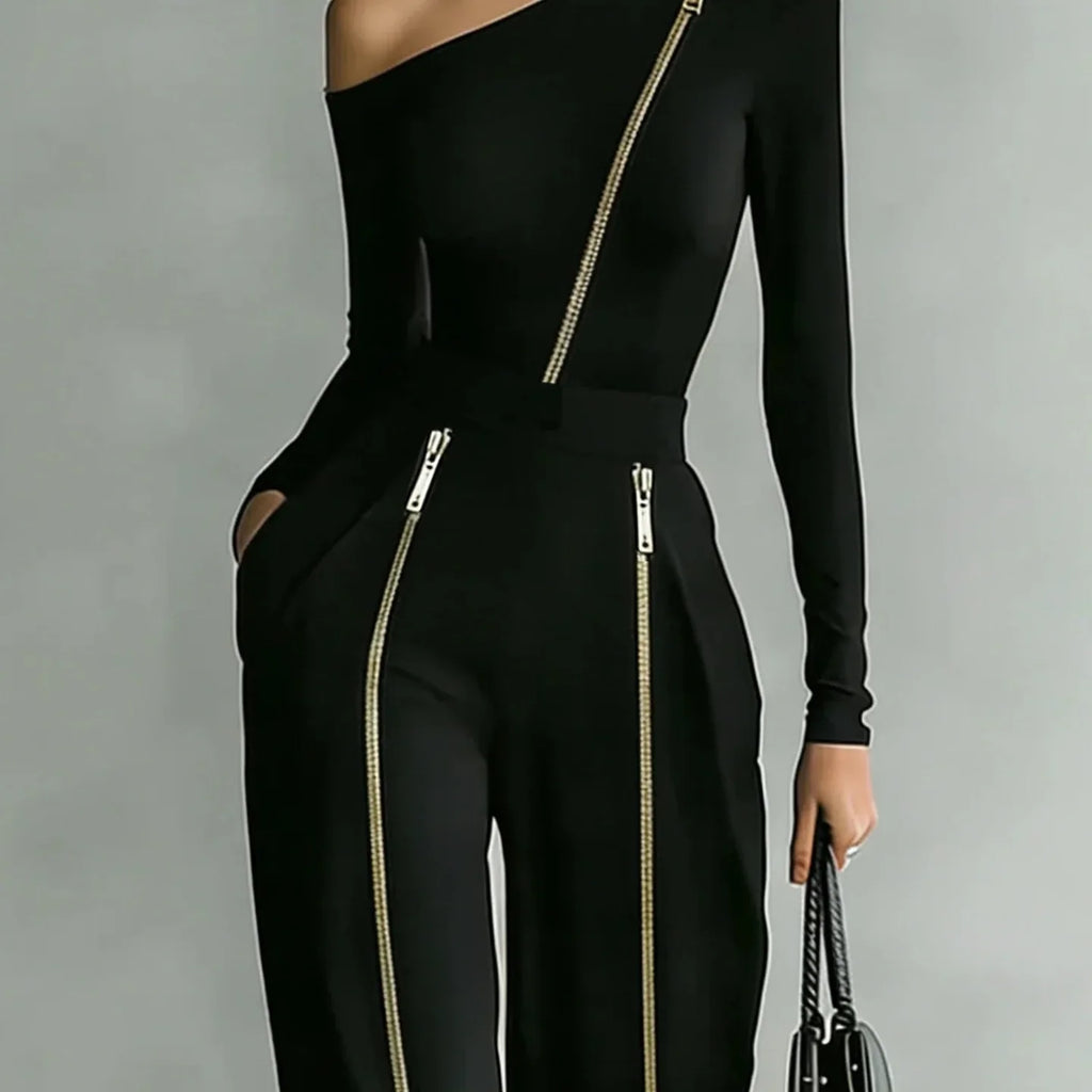 Women's Two-piece Slim-fit Long-sleeved Double-zipper Wide-leg Pant Fashion Stand-up Collar Solid Color Suit