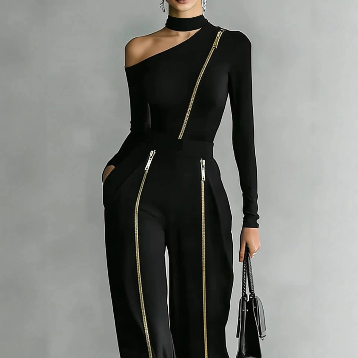Women's Two-piece Slim-fit Long-sleeved Double-zipper Wide-leg Pant Fashion Stand-up Collar Solid Color Suit